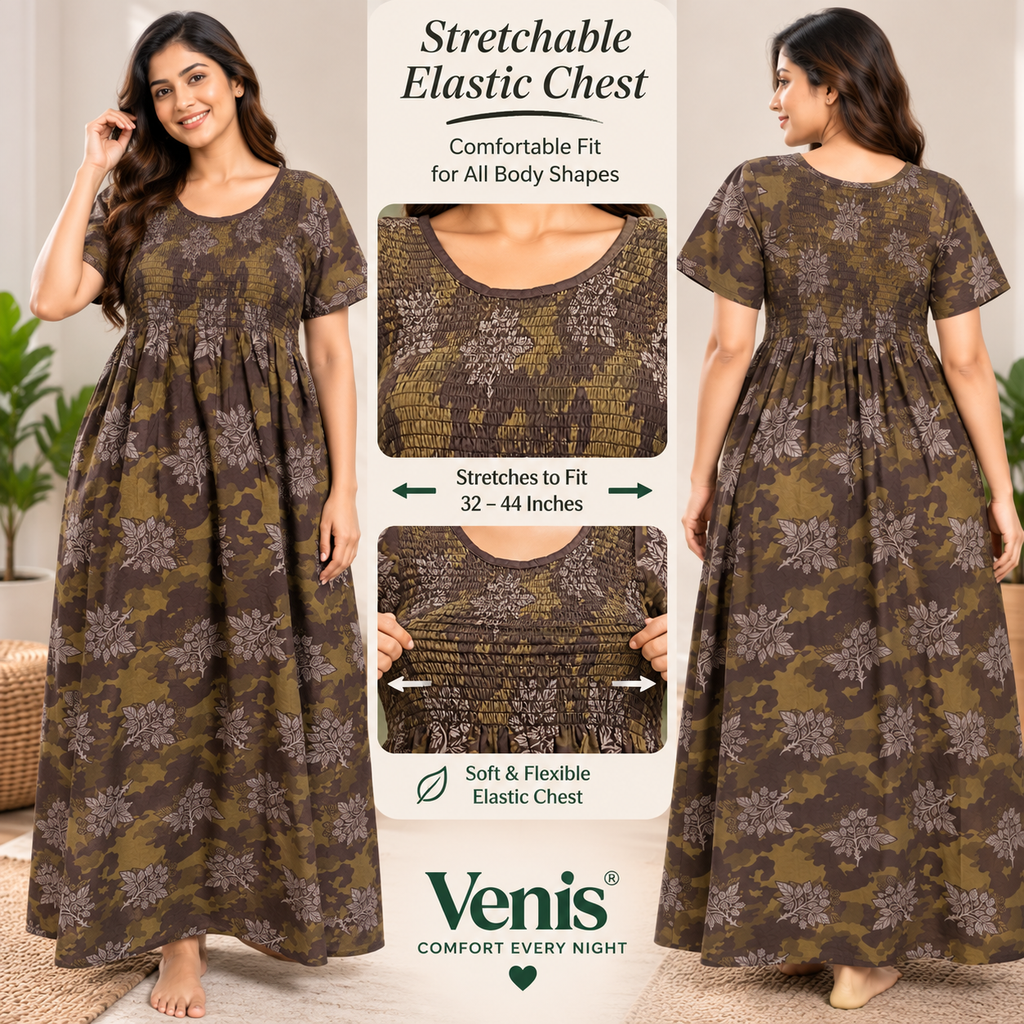 Veni’s Cotton Camouflage Floral Frock Nighty for Women