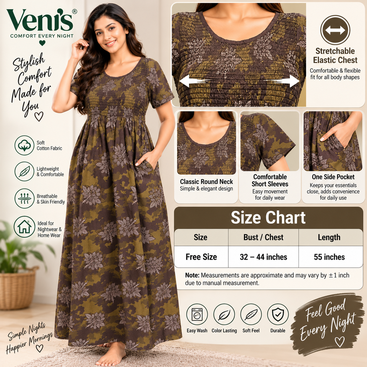 Veni’s Cotton Camouflage Floral Frock Nighty for Women