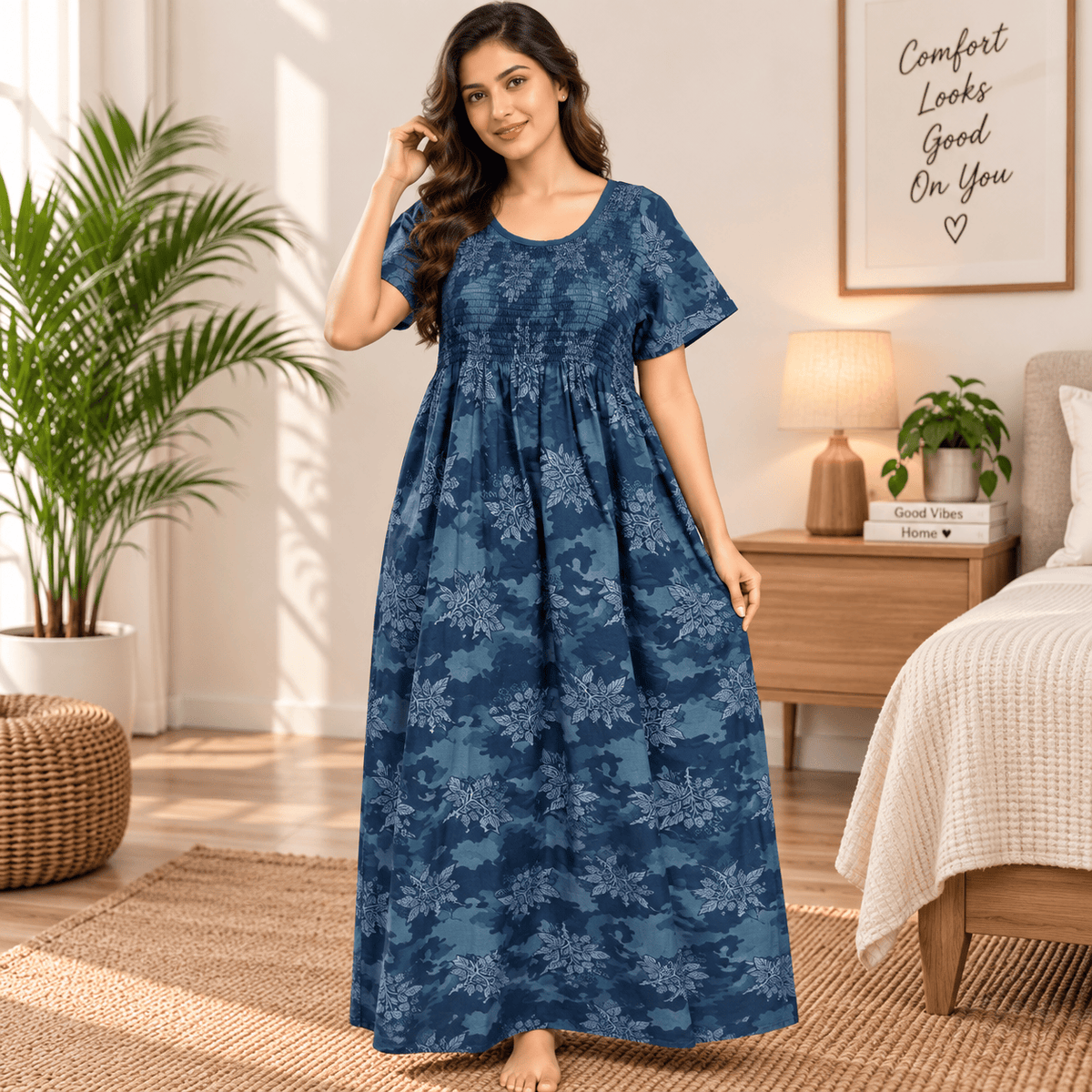 Veni’s Blue Cotton Floral Camouflage Frock Nighty for Women – Stretchable Elastic Chest