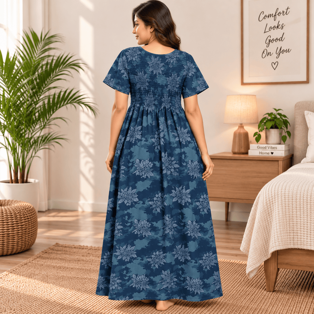 Veni’s Blue Cotton Floral Camouflage Frock Nighty for Women – Stretchable Elastic Chest