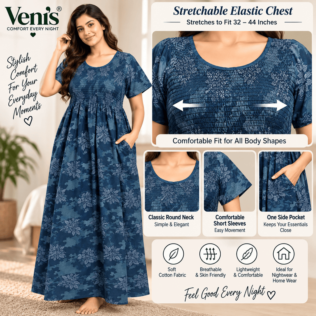 Veni’s Blue Cotton Floral Camouflage Frock Nighty for Women – Stretchable Elastic Chest