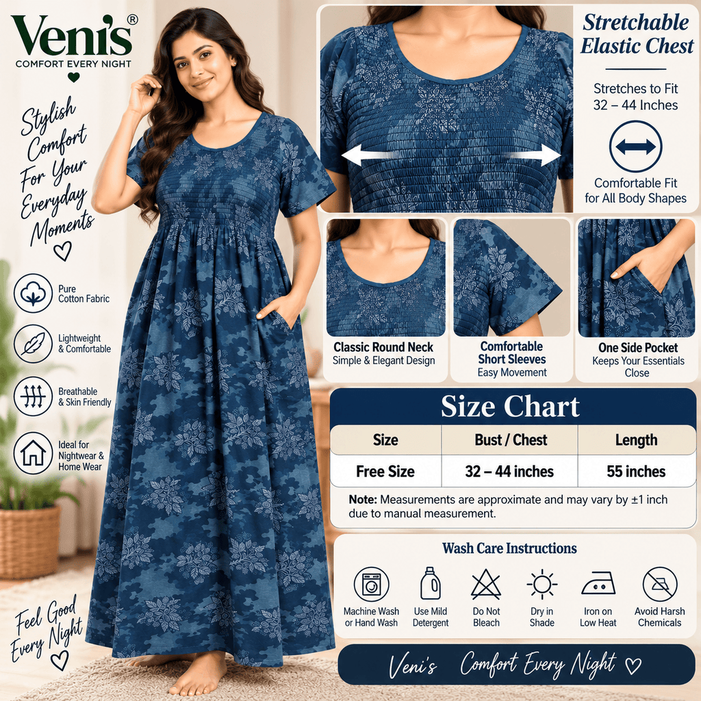 Veni’s Blue Cotton Floral Camouflage Frock Nighty for Women – Stretchable Elastic Chest