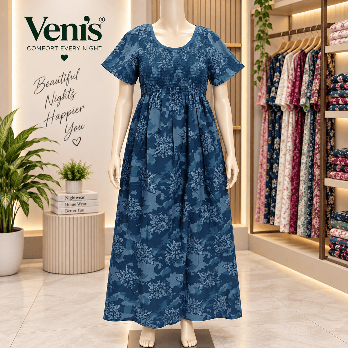 Veni’s Blue Cotton Floral Camouflage Frock Nighty for Women – Stretchable Elastic Chest