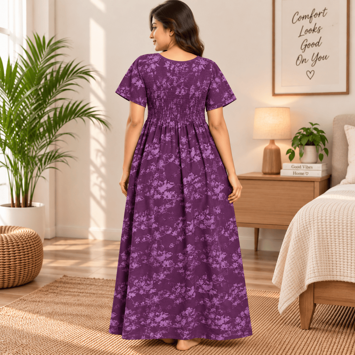 Veni’s Purple Cotton Floral Frock Nighty for Women – Stretchable Elastic Chest