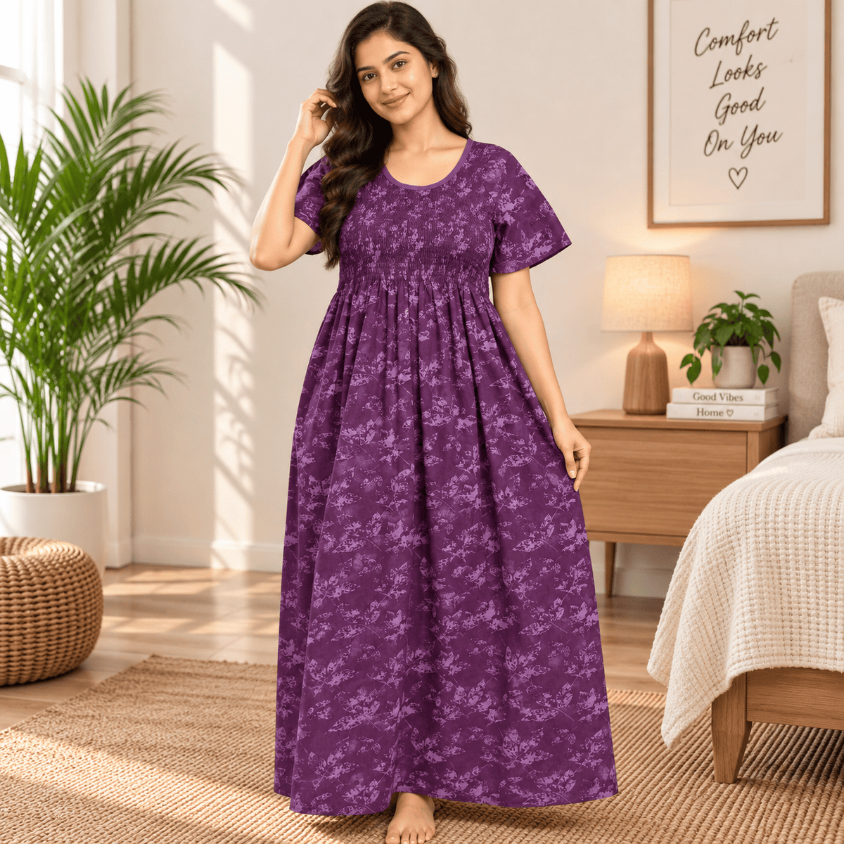 Veni’s Purple Cotton Floral Frock Nighty for Women – Stretchable Elastic Chest