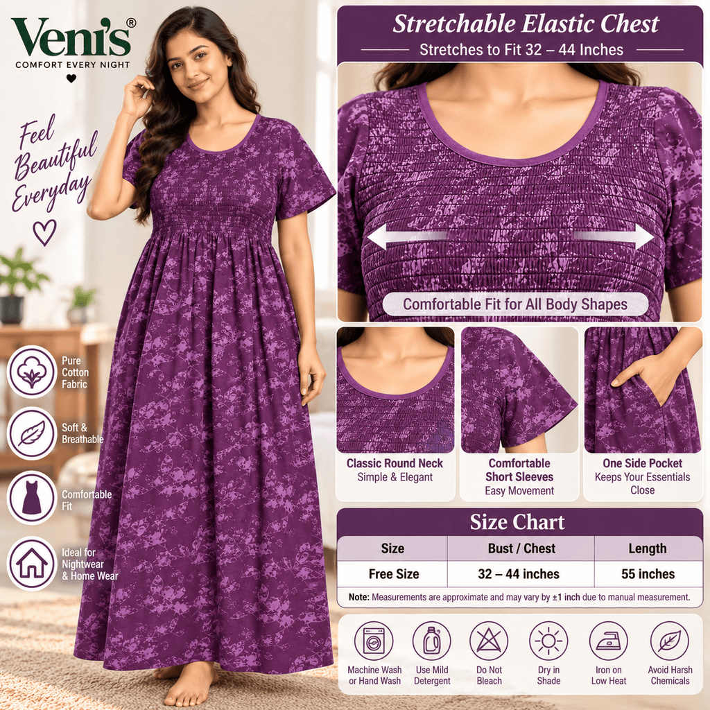 Veni’s Purple Cotton Floral Frock Nighty for Women – Stretchable Elastic Chest