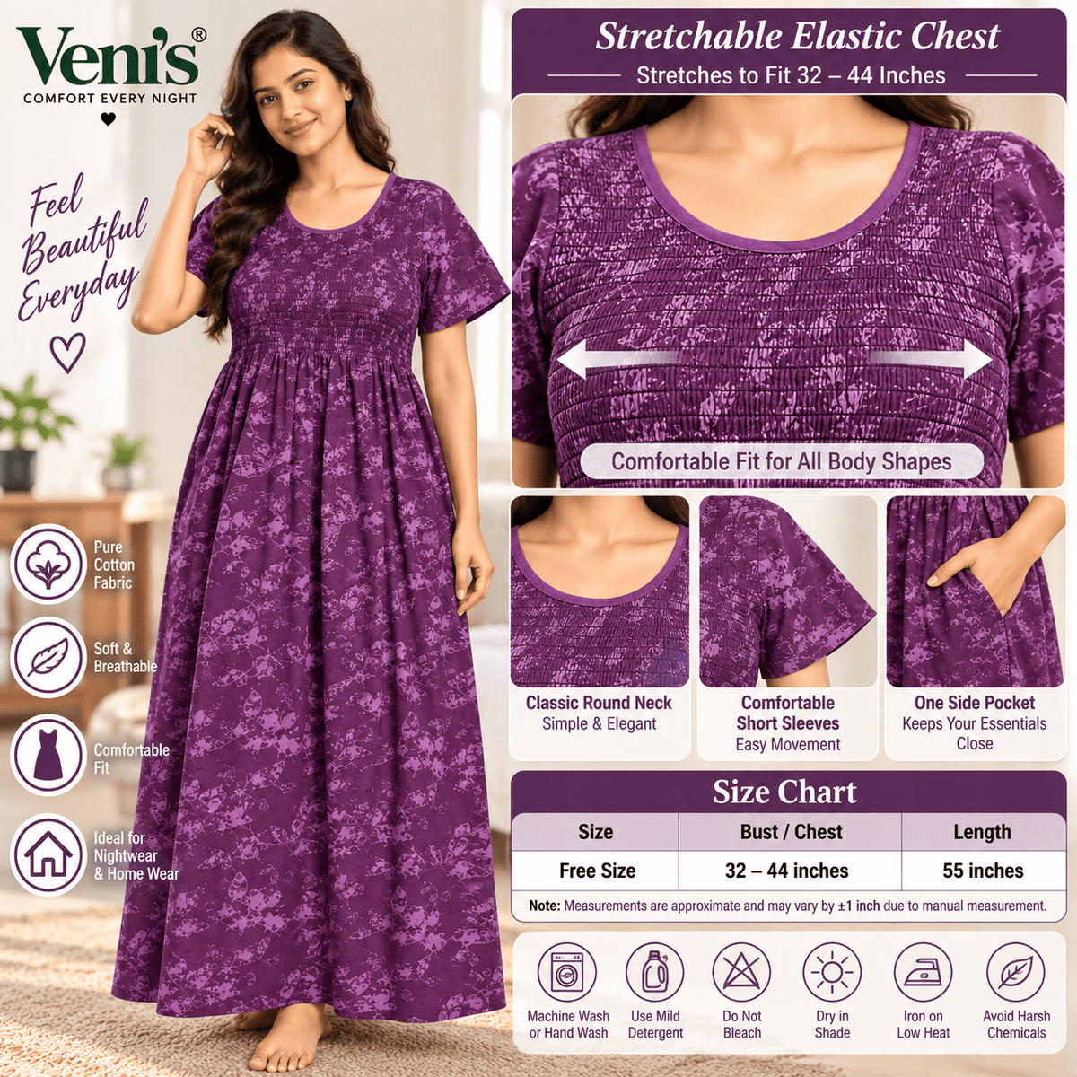 Veni’s Purple Cotton Floral Frock Nighty for Women – Stretchable Elastic Chest