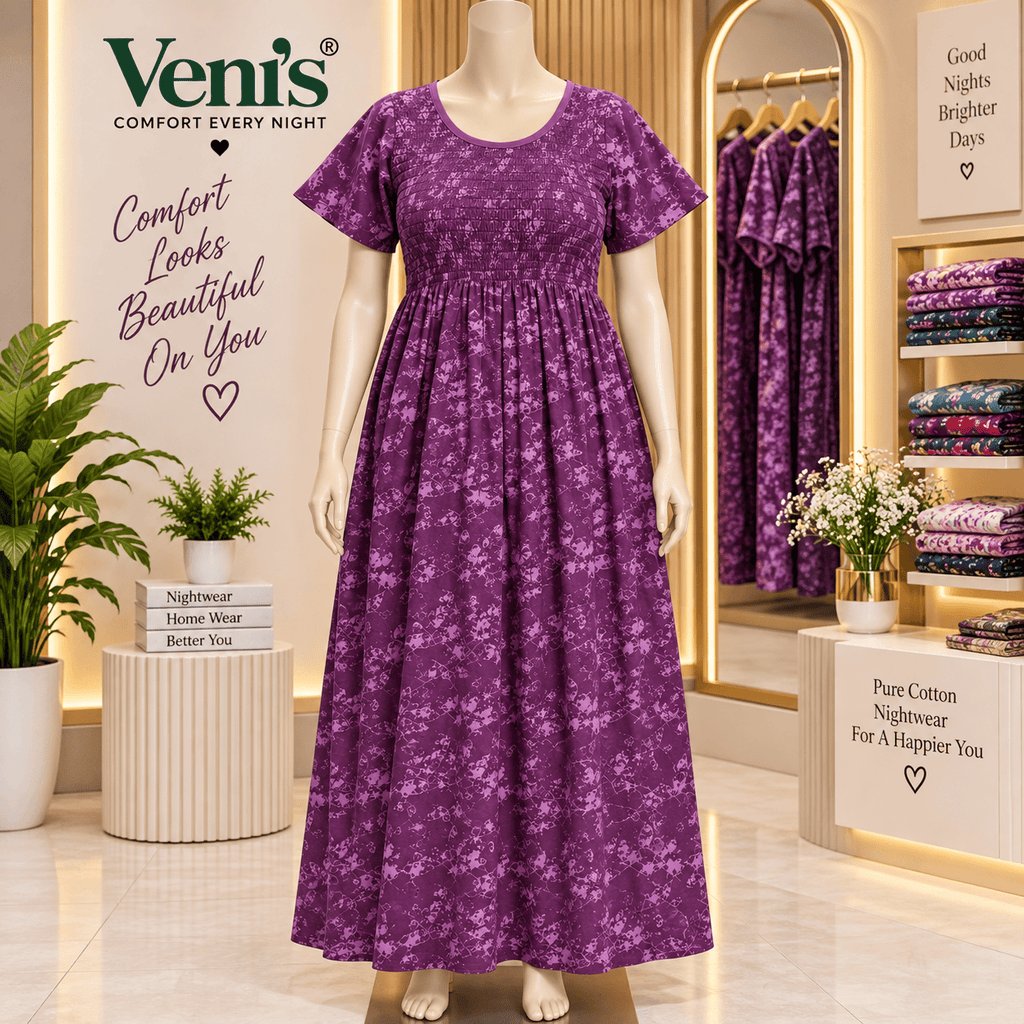 Veni’s Purple Cotton Floral Frock Nighty for Women – Stretchable Elastic Chest