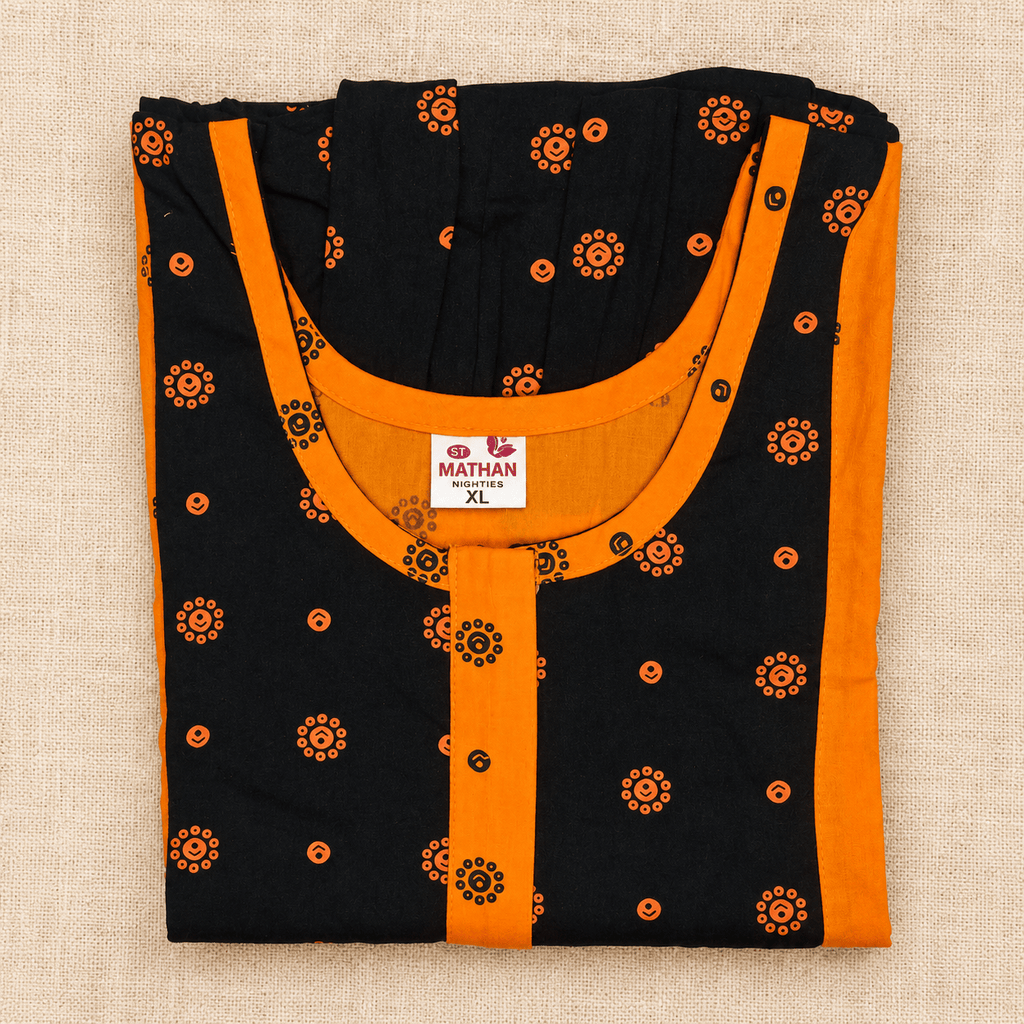 MATHAN Orange & Black Cotton Frock Nighty for Women