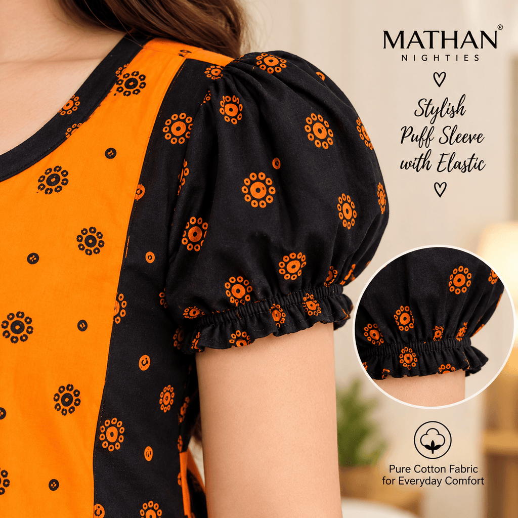 MATHAN Orange & Black Cotton Frock Nighty for Women