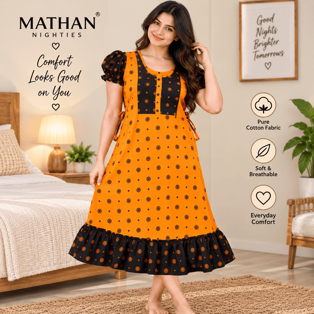 MATHAN Orange & Black Cotton Frock Nighty for Women