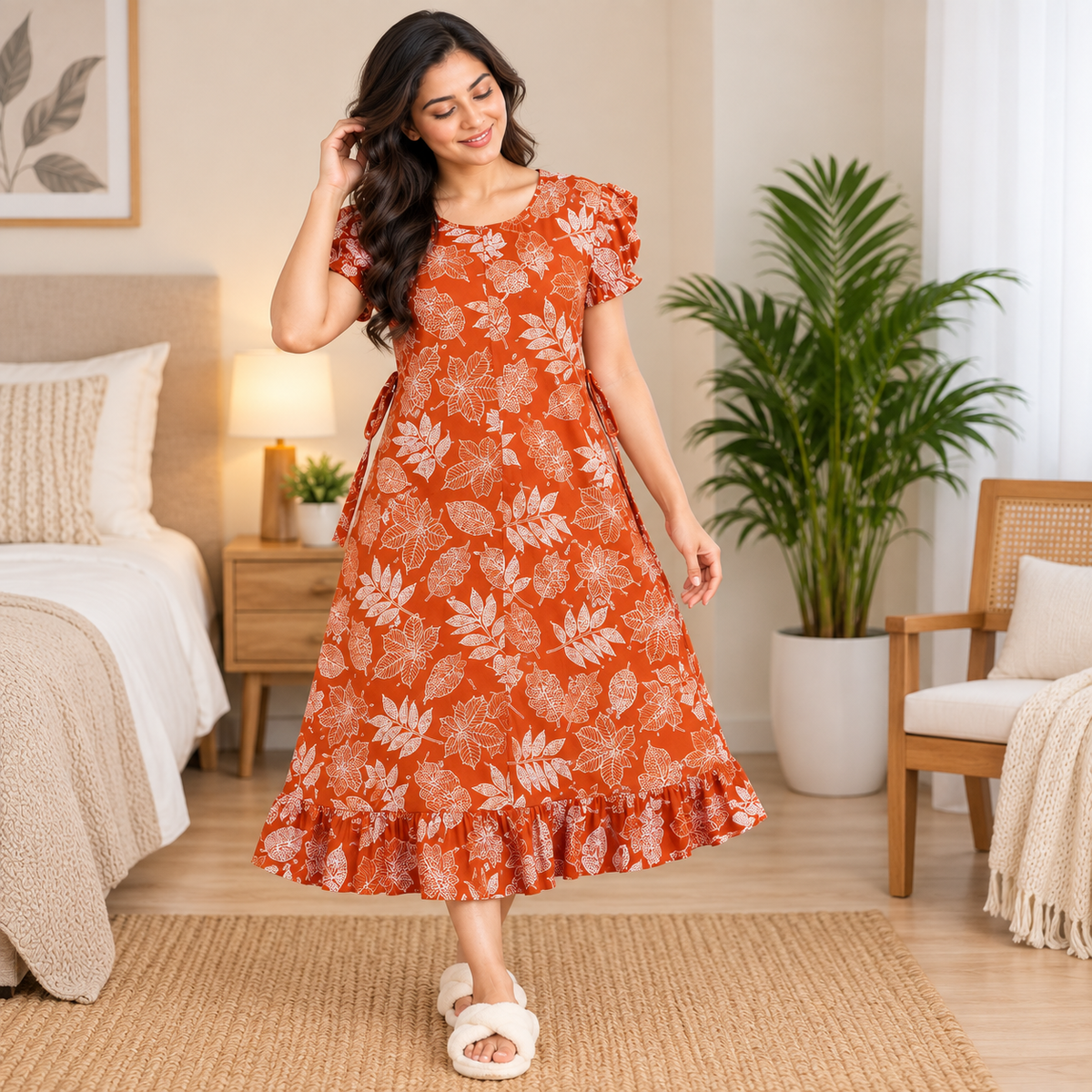 Vanitha Cotton Frock Nighty for Women – Orange Leaf Print Mid-Length Nightwear