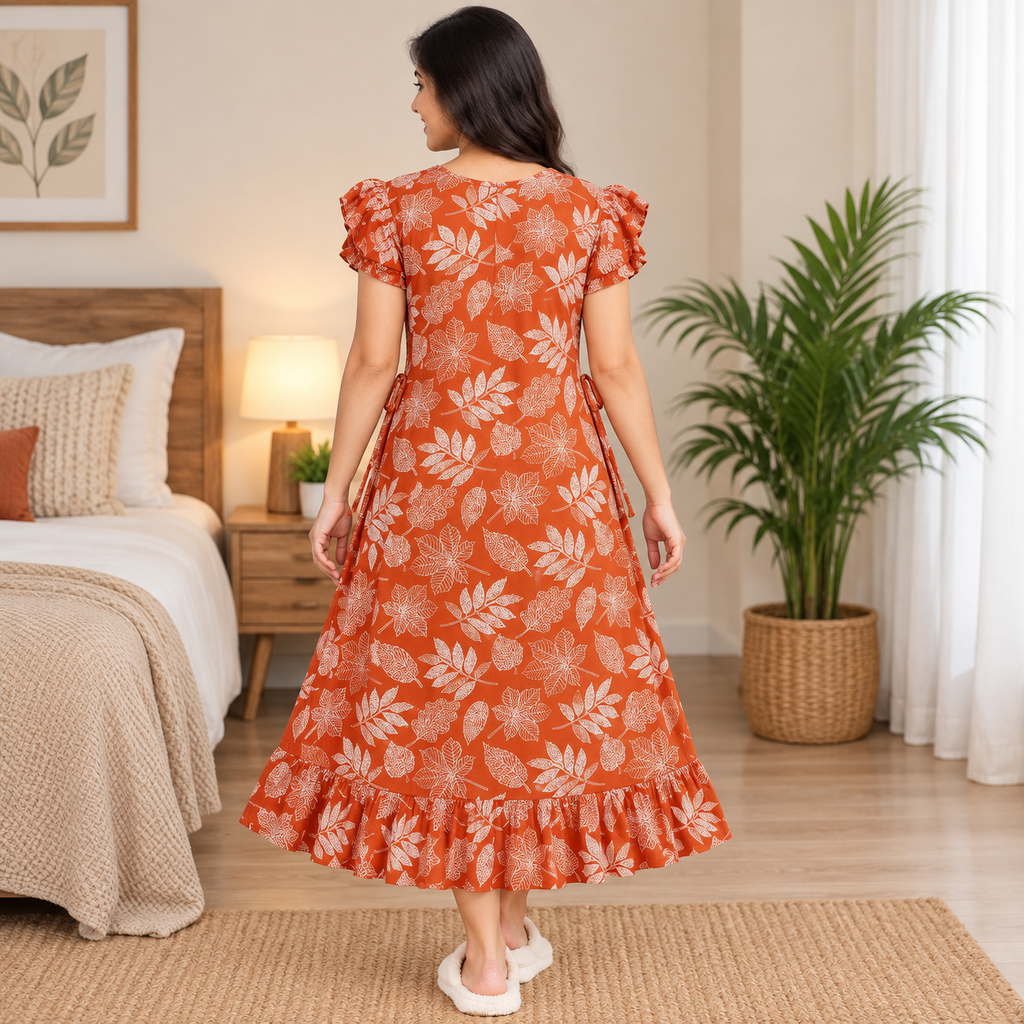 Vanitha Cotton Frock Nighty for Women – Orange Leaf Print Mid-Length Nightwear