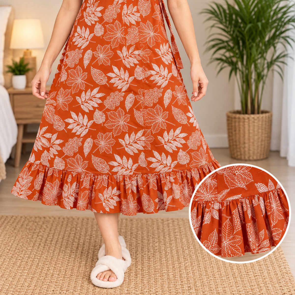 Vanitha Cotton Frock Nighty for Women – Orange Leaf Print Mid-Length Nightwear