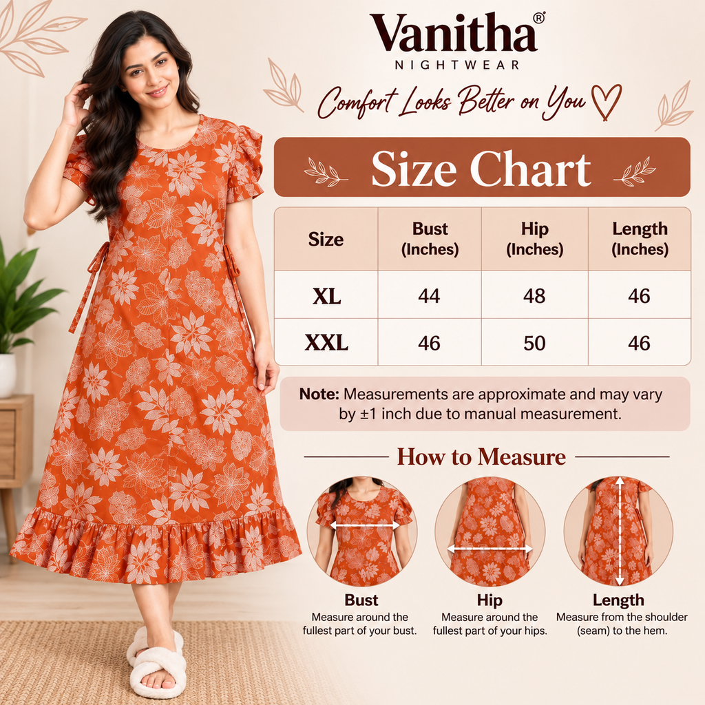 Vanitha Cotton Frock Nighty for Women – Orange Leaf Print Mid-Length Nightwear