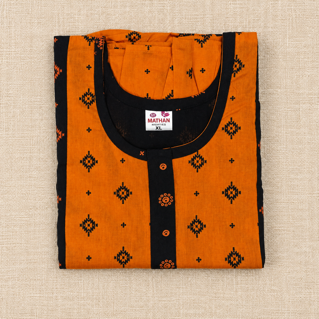 MATHAN Cotton Frock Nighty for Women – Black & Orange Printed Mid-Length Night Dress