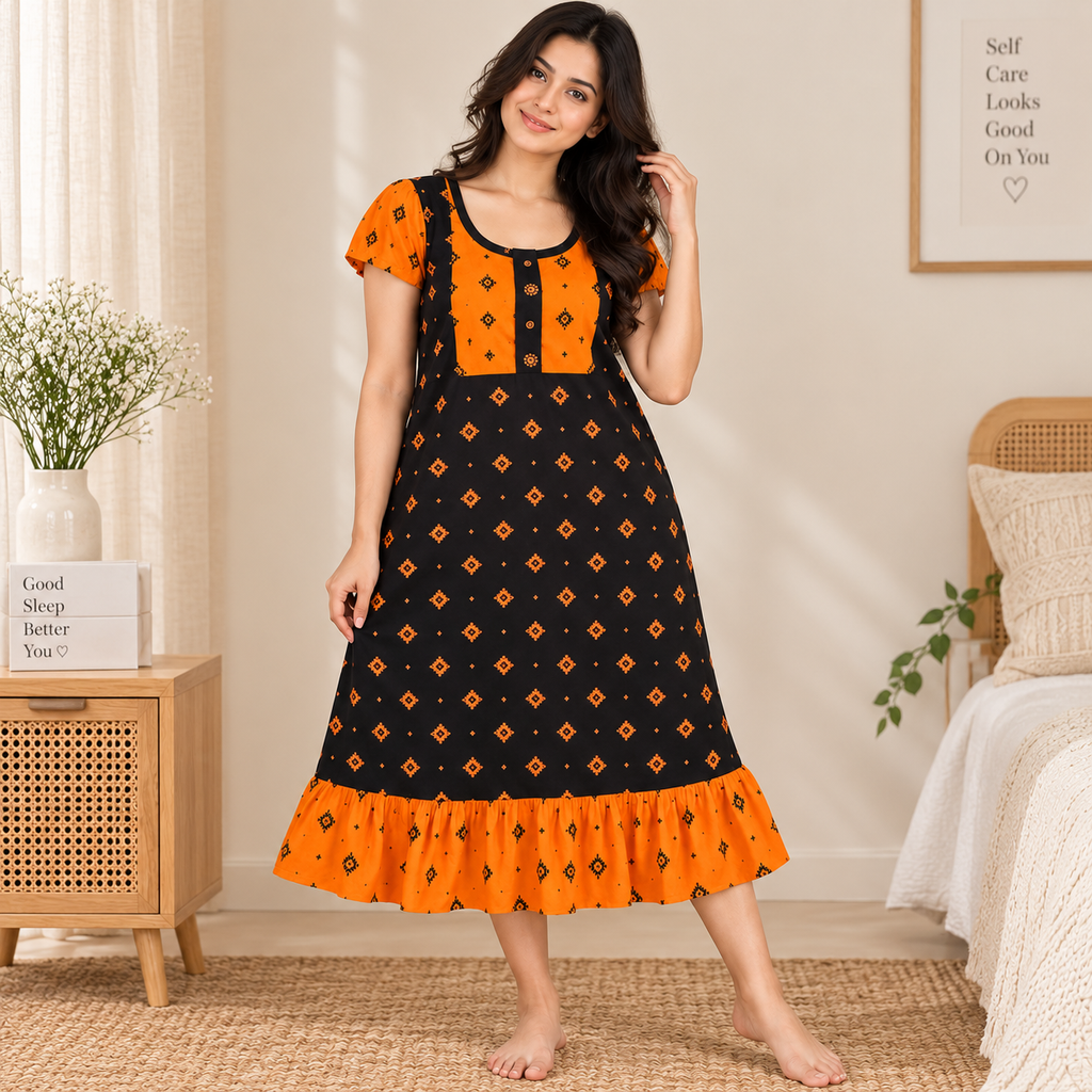 MATHAN Cotton Frock Nighty for Women – Black & Orange Printed Mid-Length Night Dress