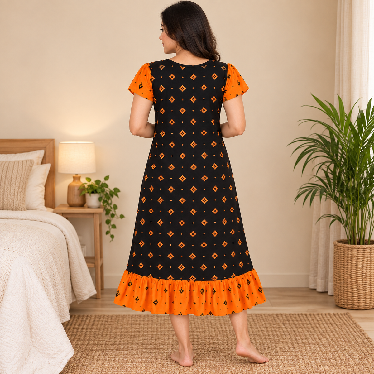 MATHAN Cotton Frock Nighty for Women – Black & Orange Printed Mid-Length Night Dress