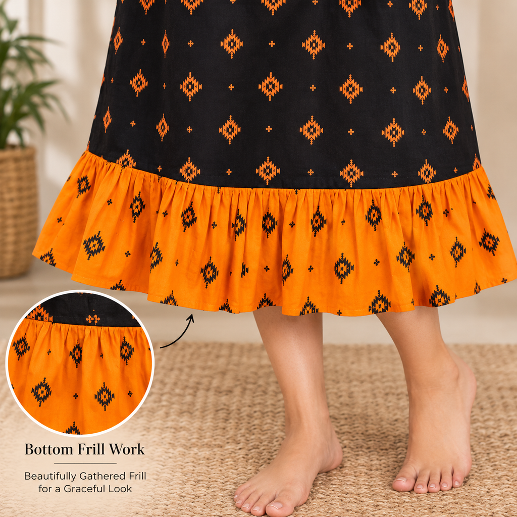 MATHAN Cotton Frock Nighty for Women – Black & Orange Printed Mid-Length Night Dress