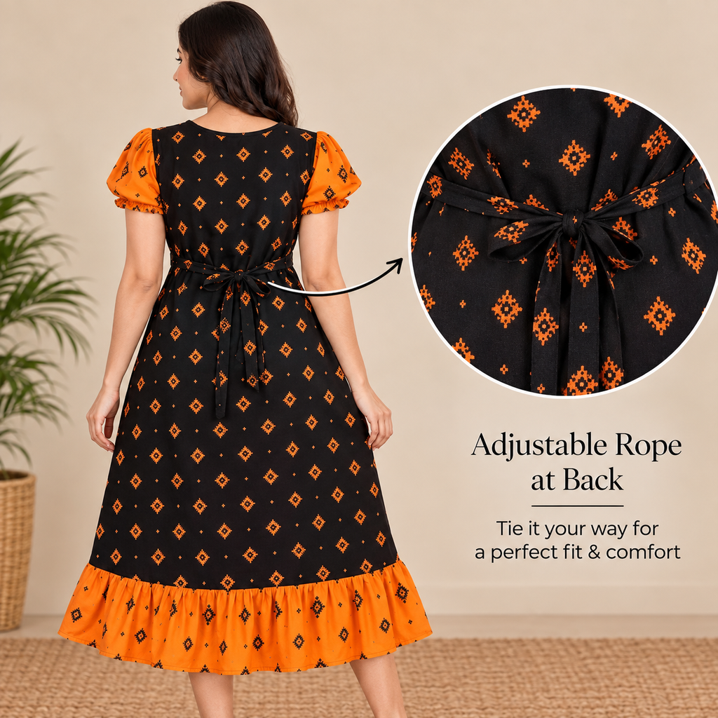 MATHAN Cotton Frock Nighty for Women – Black & Orange Printed Mid-Length Night Dress