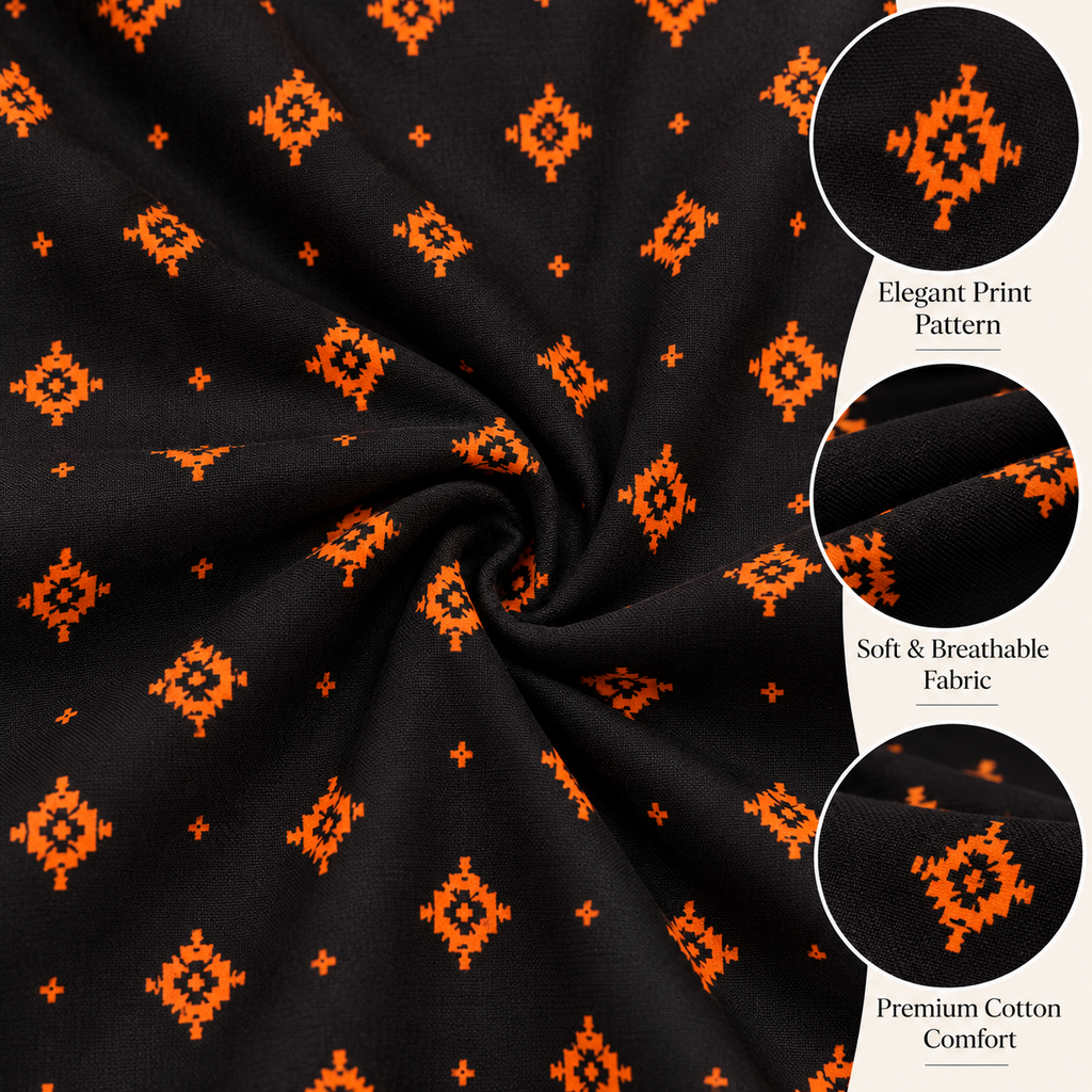 MATHAN Cotton Frock Nighty for Women – Black & Orange Printed Mid-Length Night Dress