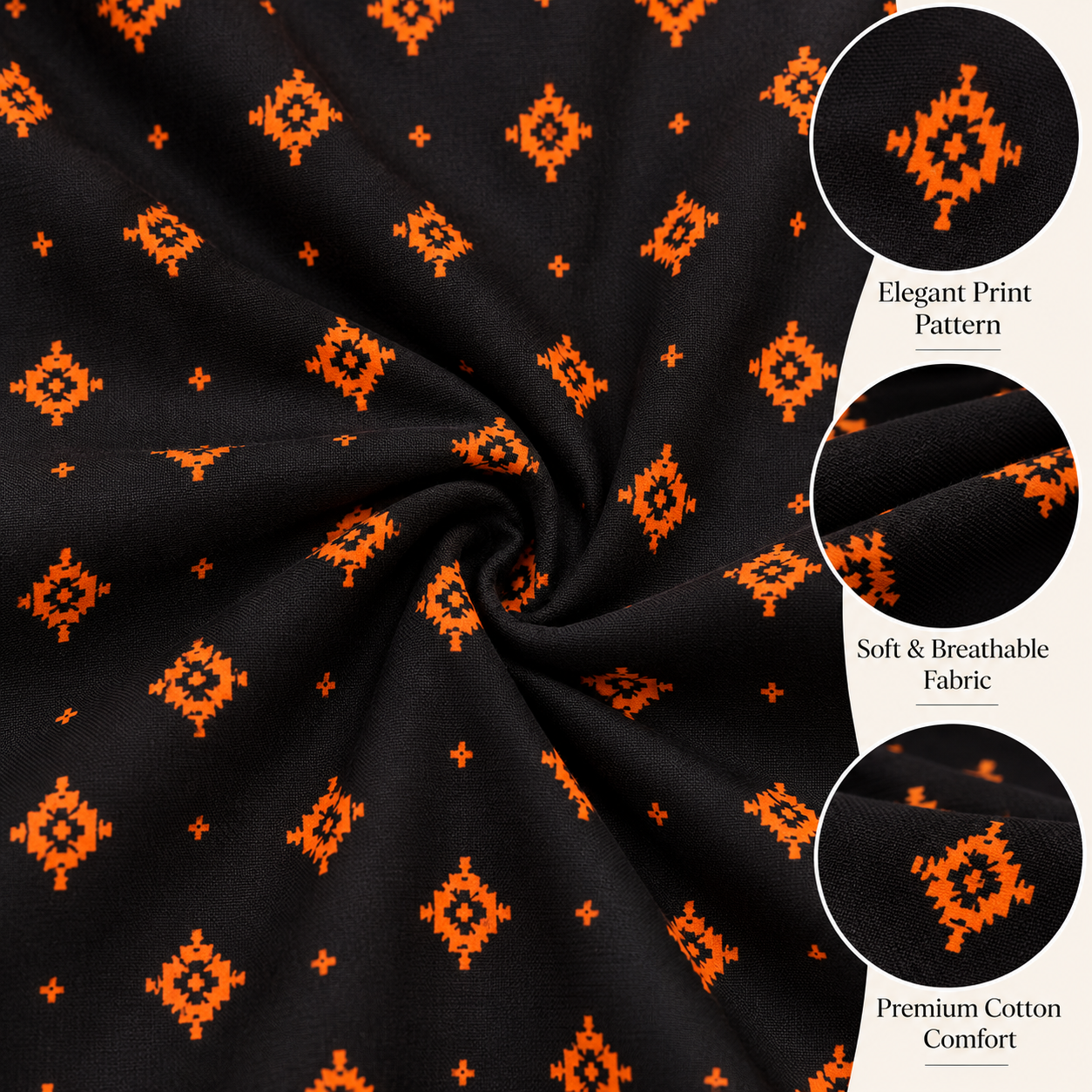 MATHAN Cotton Frock Nighty for Women – Black & Orange Printed Mid-Length Night Dress