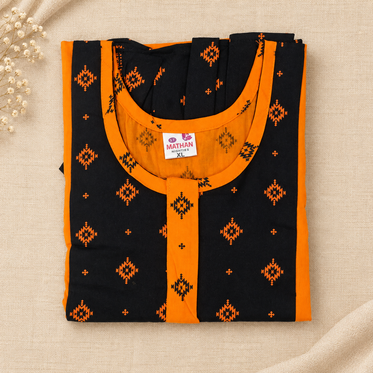MATHAN Cotton Frock Nighty for Women – Black & Orange Printed Night Dress