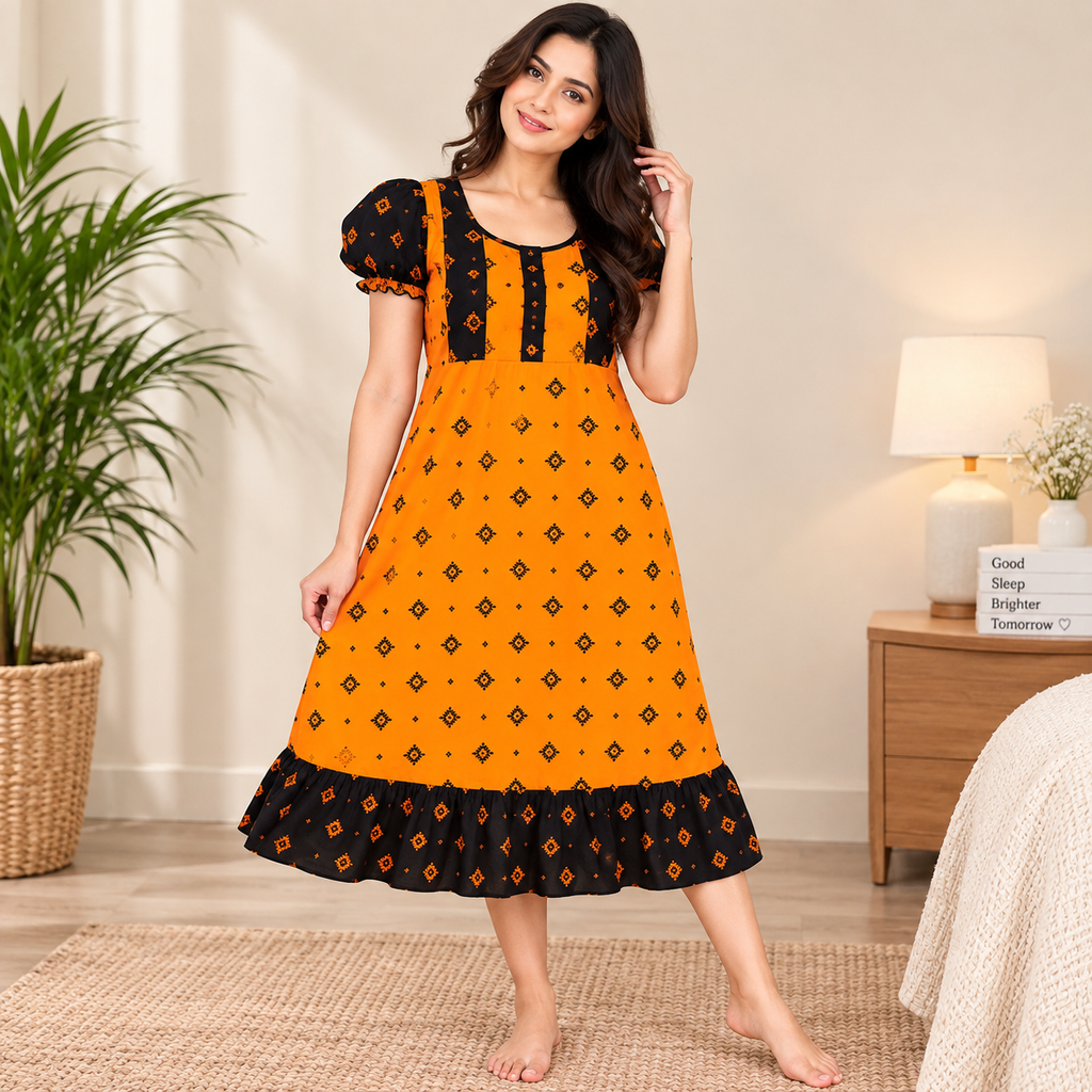 MATHAN Cotton Frock Nighty for Women – Black & Orange Printed Night Dress