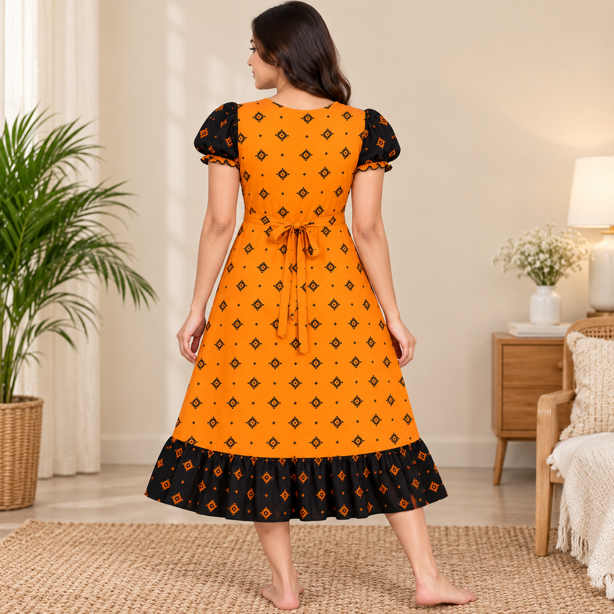 MATHAN Cotton Frock Nighty for Women – Black & Orange Printed Night Dress