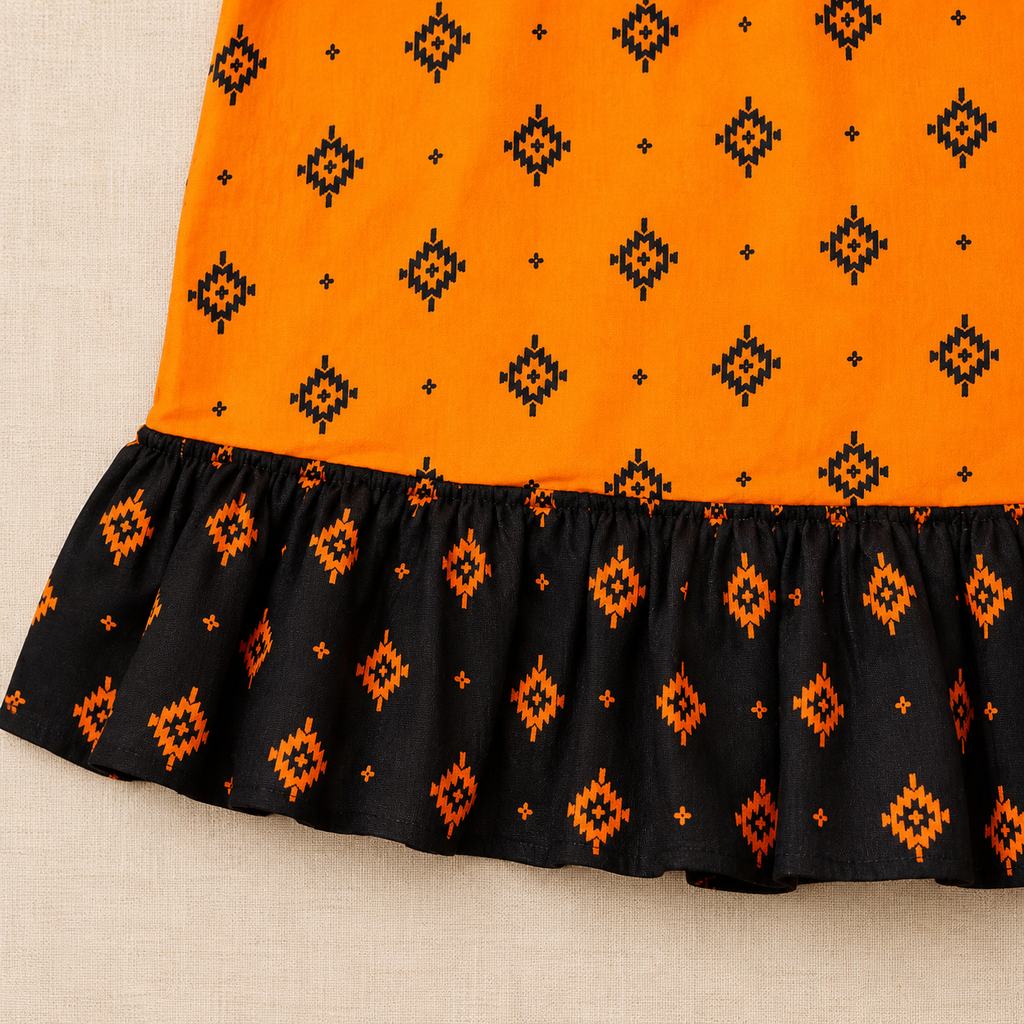 MATHAN Cotton Frock Nighty for Women – Black & Orange Printed Night Dress