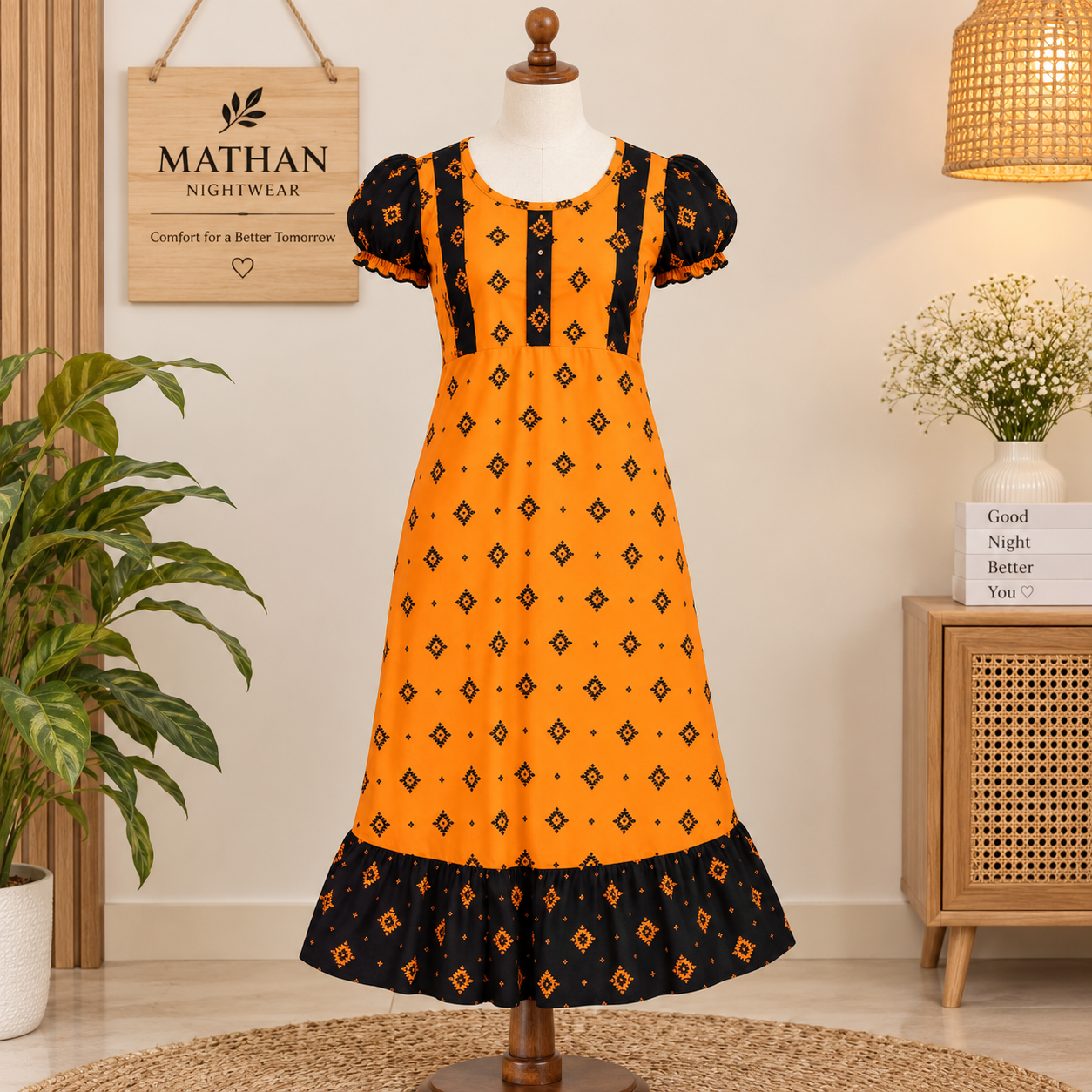 MATHAN Cotton Frock Nighty for Women – Black & Orange Printed Night Dress