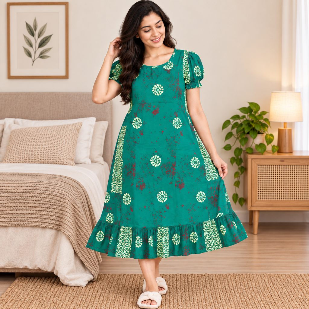 Vanitha Cotton Frock Nighty for Women – Green Printed Mid-Length Nightwear