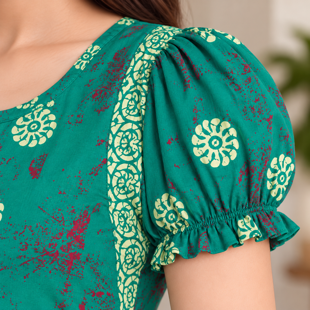 Vanitha Cotton Frock Nighty for Women – Green Printed Mid-Length Nightwear