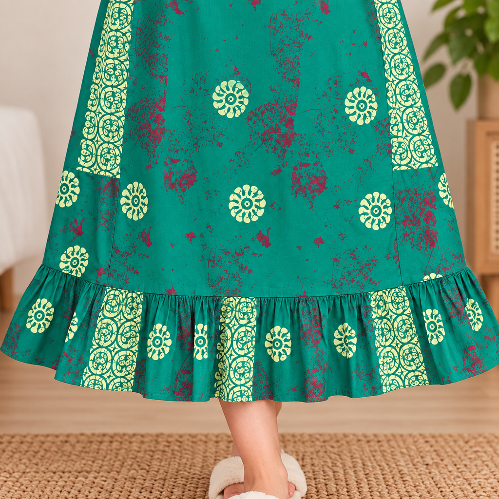 Vanitha Cotton Frock Nighty for Women – Green Printed Mid-Length Nightwear