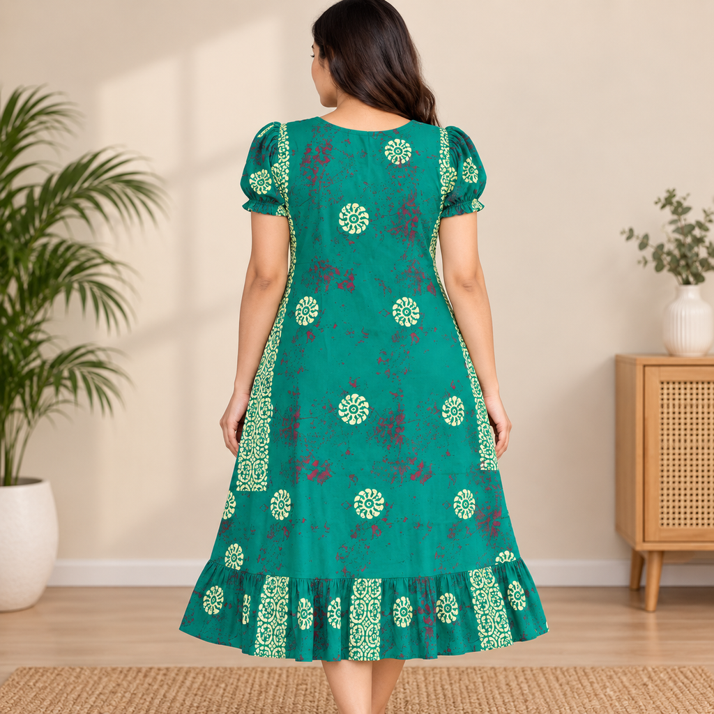 Vanitha Cotton Frock Nighty for Women – Green Printed Mid-Length Nightwear