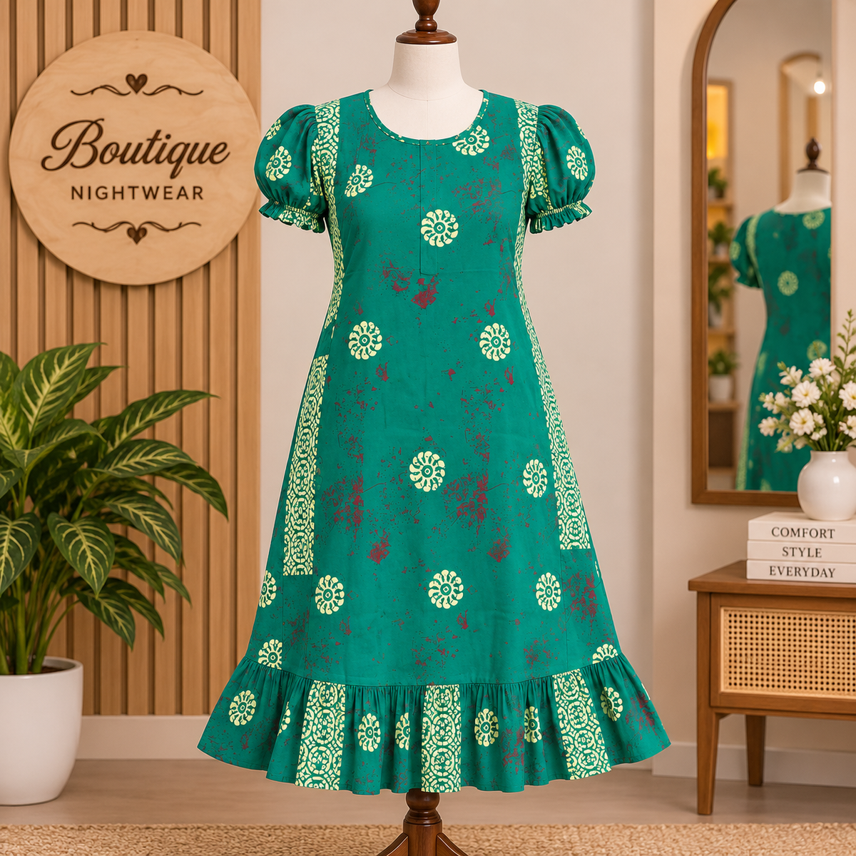 Vanitha Cotton Frock Nighty for Women – Green Printed Mid-Length Nightwear
