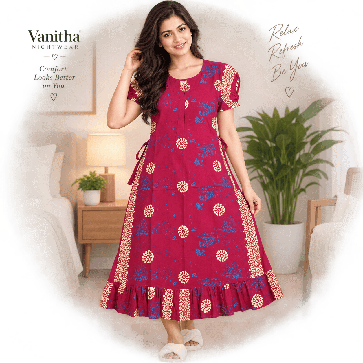 Vanitha Cotton Frock Nighty for Women – Printed Mid-Length Nightdress with Puff Sleeves & Frill