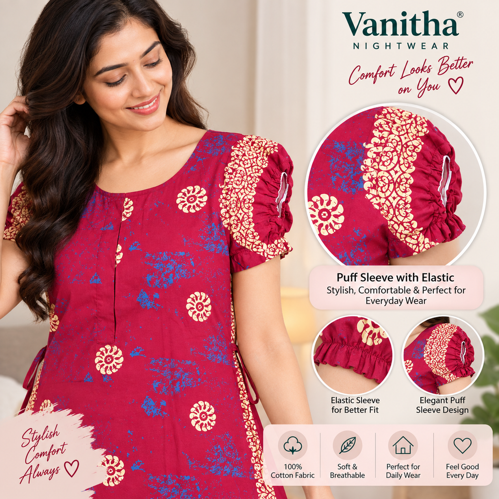 Vanitha Cotton Frock Nighty for Women – Printed Mid-Length Nightdress with Puff Sleeves & Frill