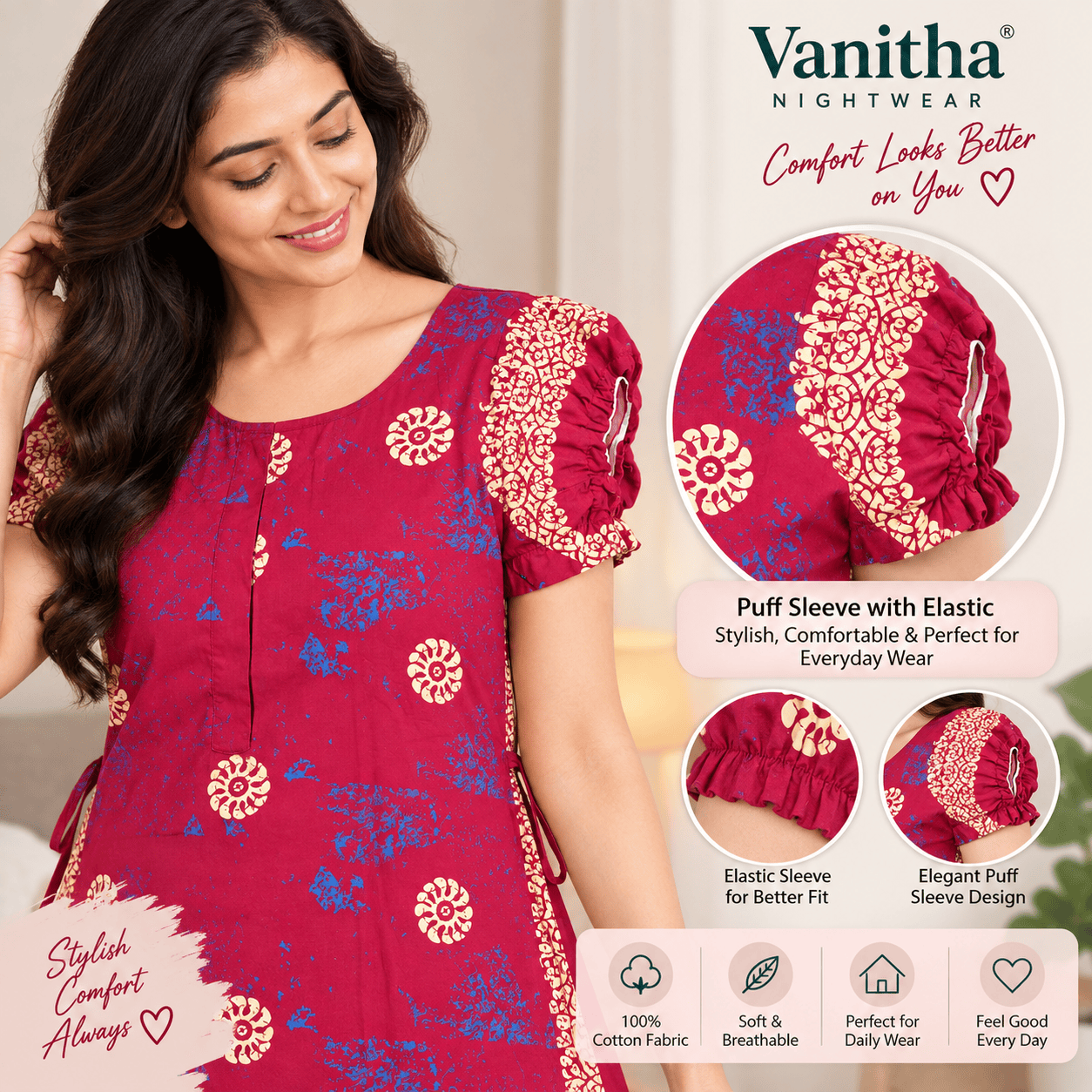 Vanitha Cotton Frock Nighty for Women – Printed Mid-Length Nightdress with Puff Sleeves & Frill