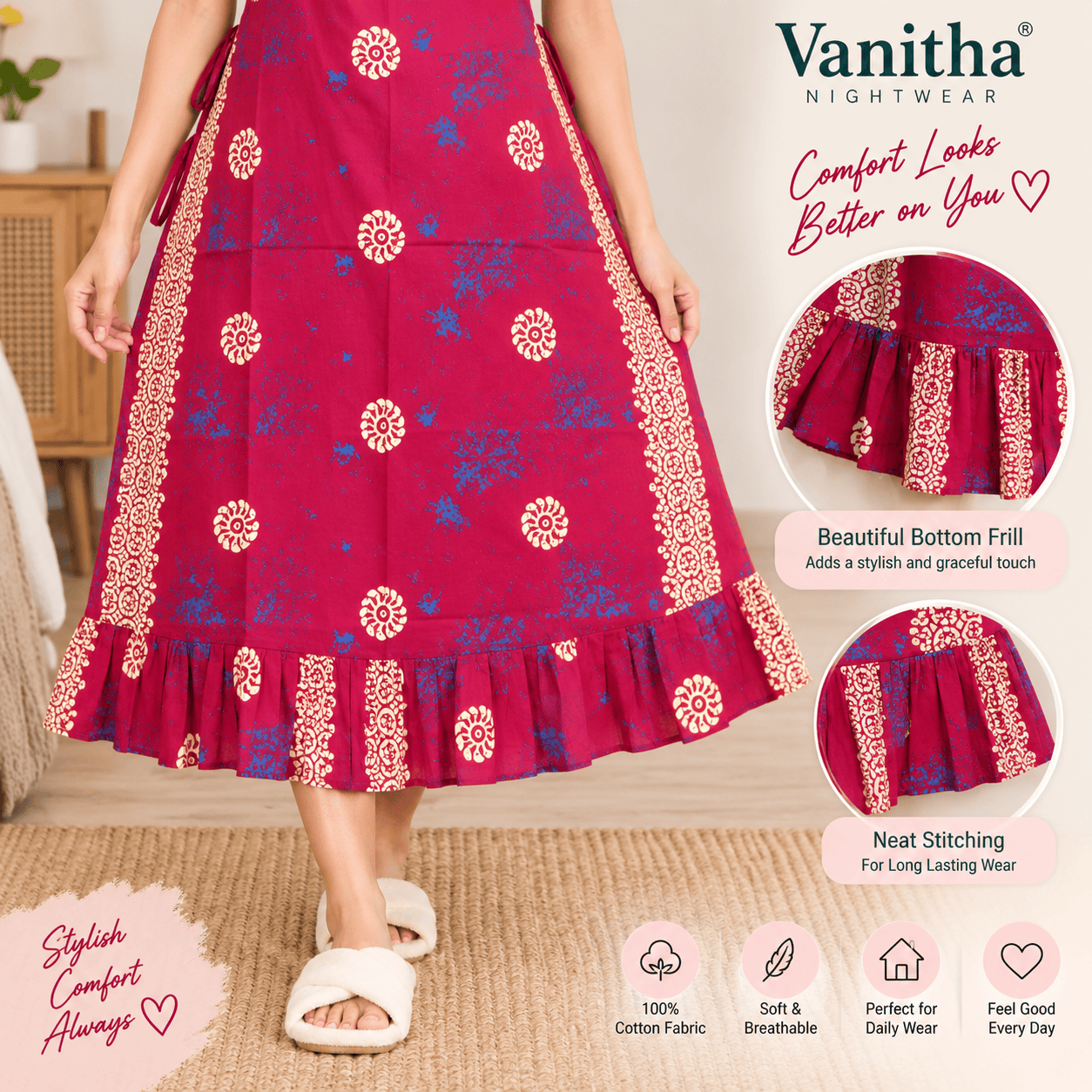 Vanitha Cotton Frock Nighty for Women – Printed Mid-Length Nightdress with Puff Sleeves & Frill