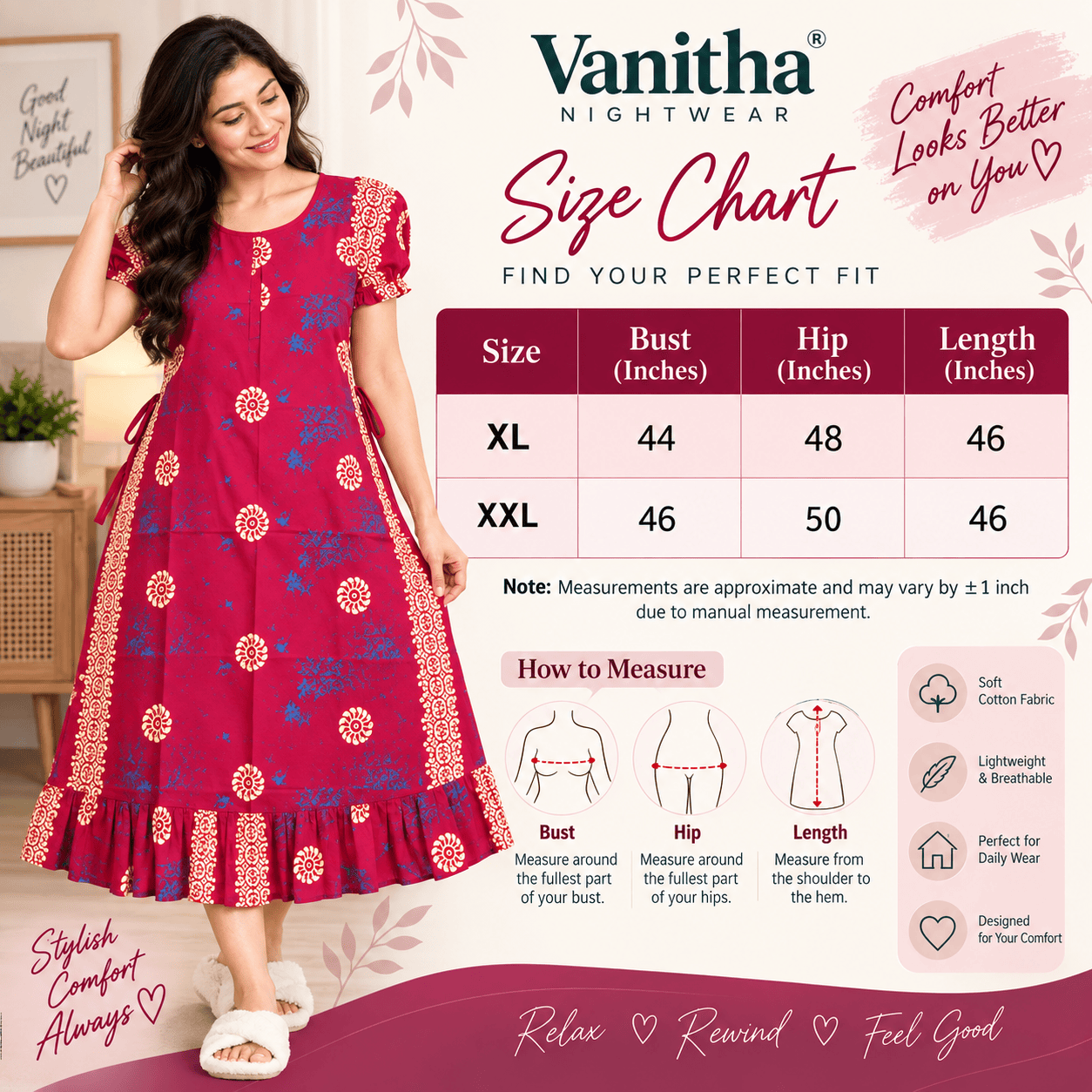 Vanitha Cotton Frock Nighty for Women – Printed Mid-Length Nightdress with Puff Sleeves & Frill