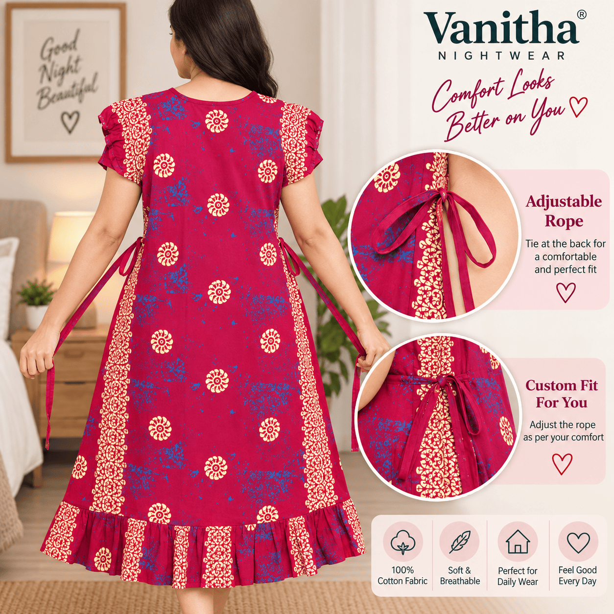 Vanitha Cotton Frock Nighty for Women – Printed Mid-Length Nightdress with Puff Sleeves & Frill