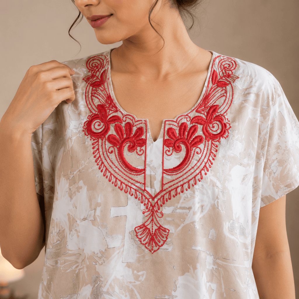 Beige Printed Rayon Nighty for Women | Embroidered Designer Night Dress | Soft & Comfortable Home Wear OneZeros