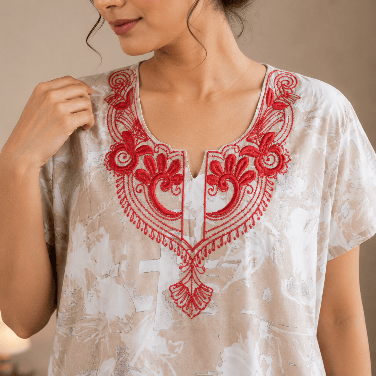 Beige Printed Rayon Nighty for Women | Embroidered Designer Night Dress | Soft & Comfortable Home Wear OneZeros