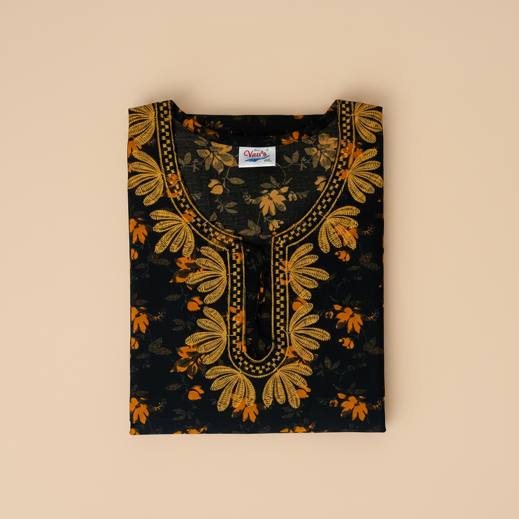 Women's Black & Mustard Floral Rayon Nighty with Embroidered Neckline & Front Zip (XXL)