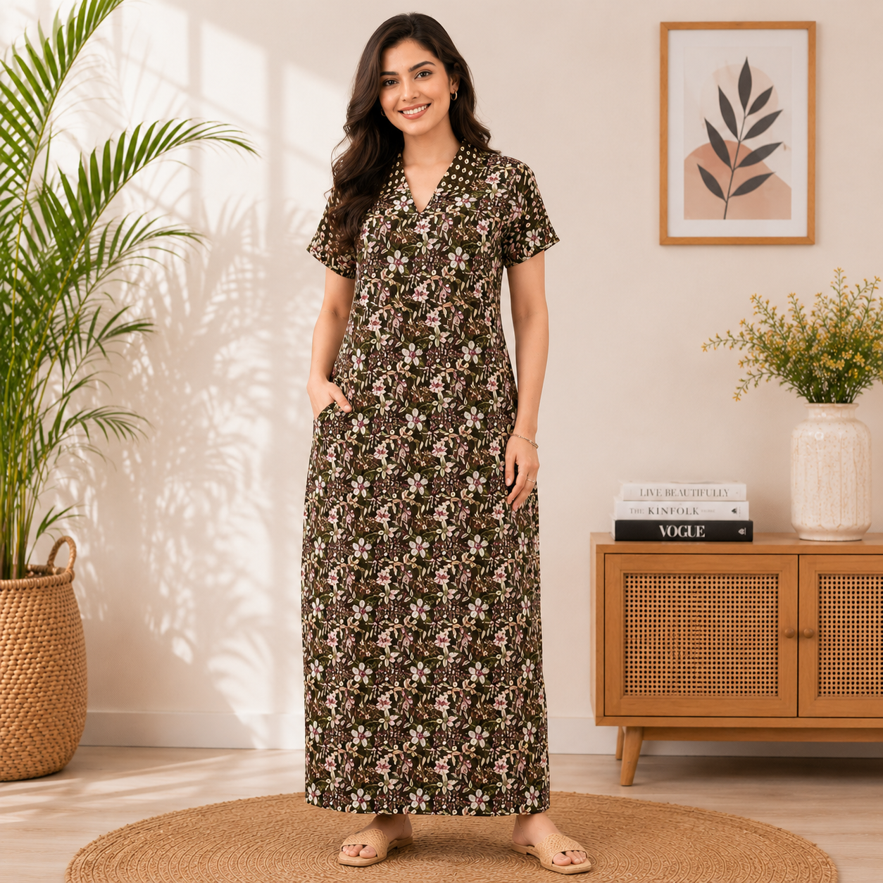 Pranjul 1822 Dark Brown Floral Printed Cotton Nighty