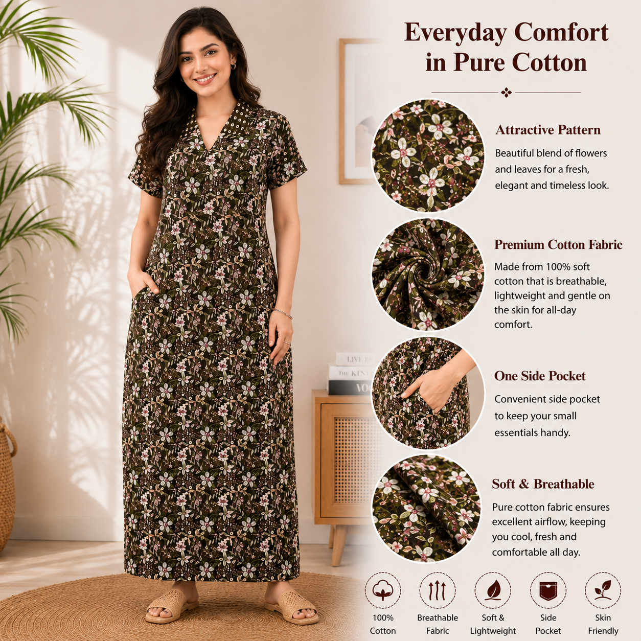 Pranjul 1822 Dark Brown Floral Printed Cotton Nighty