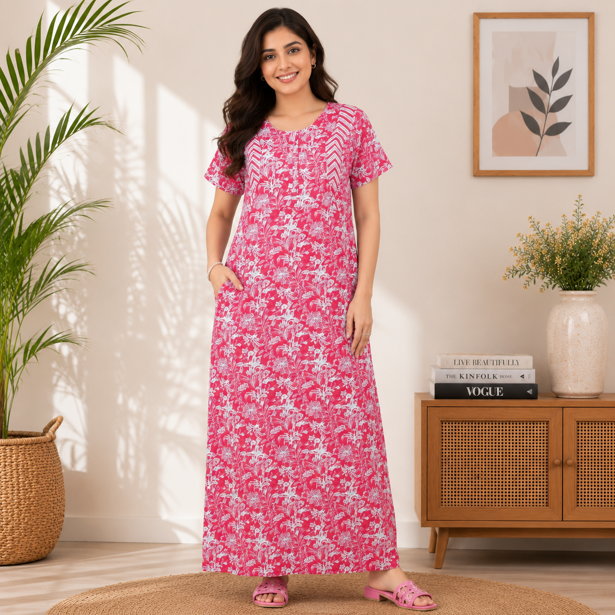 Pranjul 1823 Cerise Red Floral Printed Cotton Nighty for Women