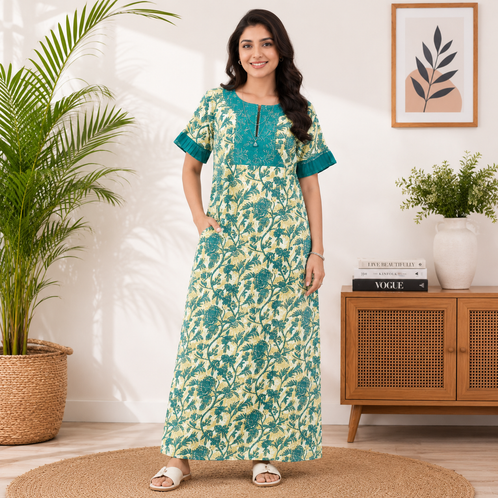 Pranjul 1824 Cream & Cyan Floral Printed Cotton Nighty for Women