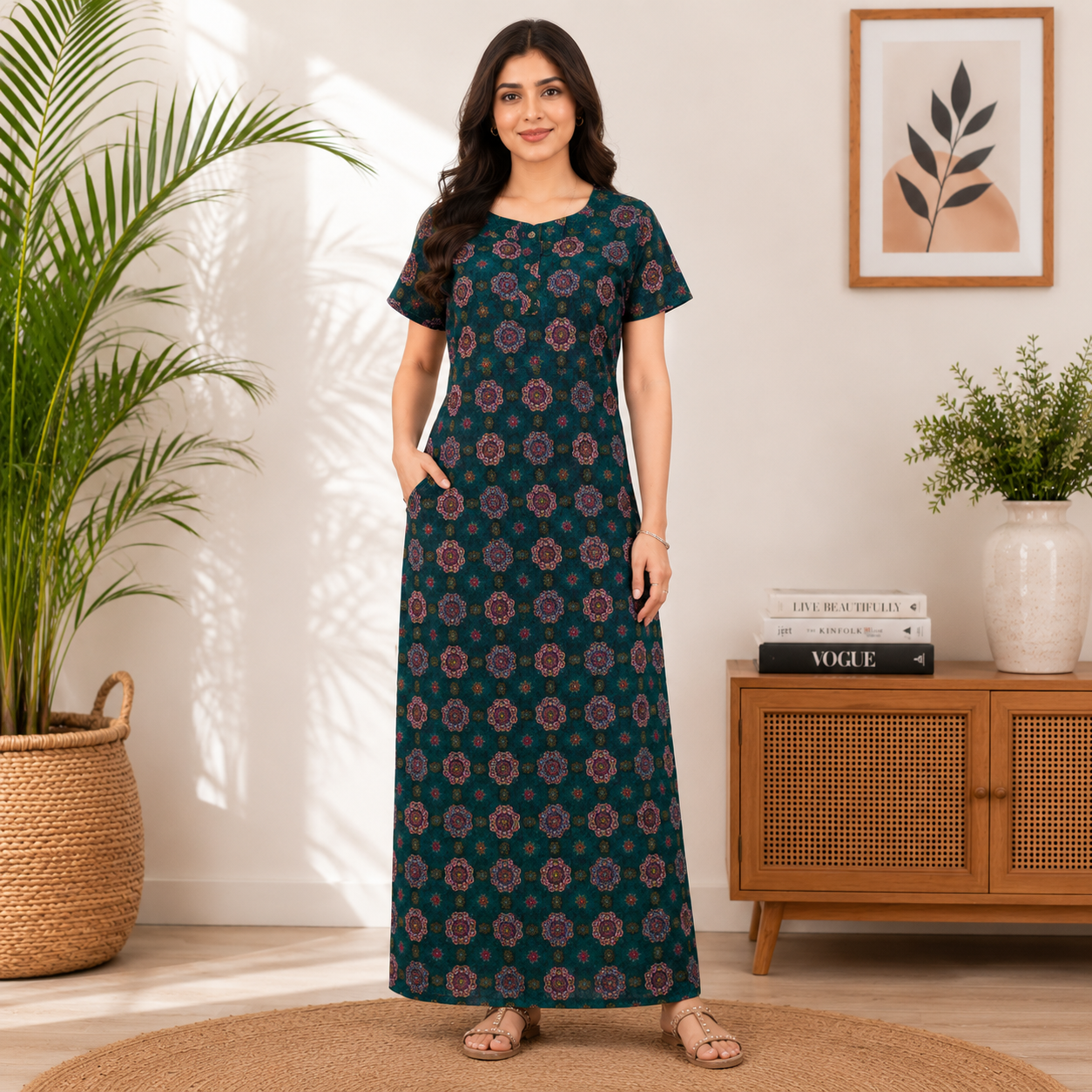 Pranjul 1825 Dark Cyan Ajrakh Printed Cotton Nighty for Women